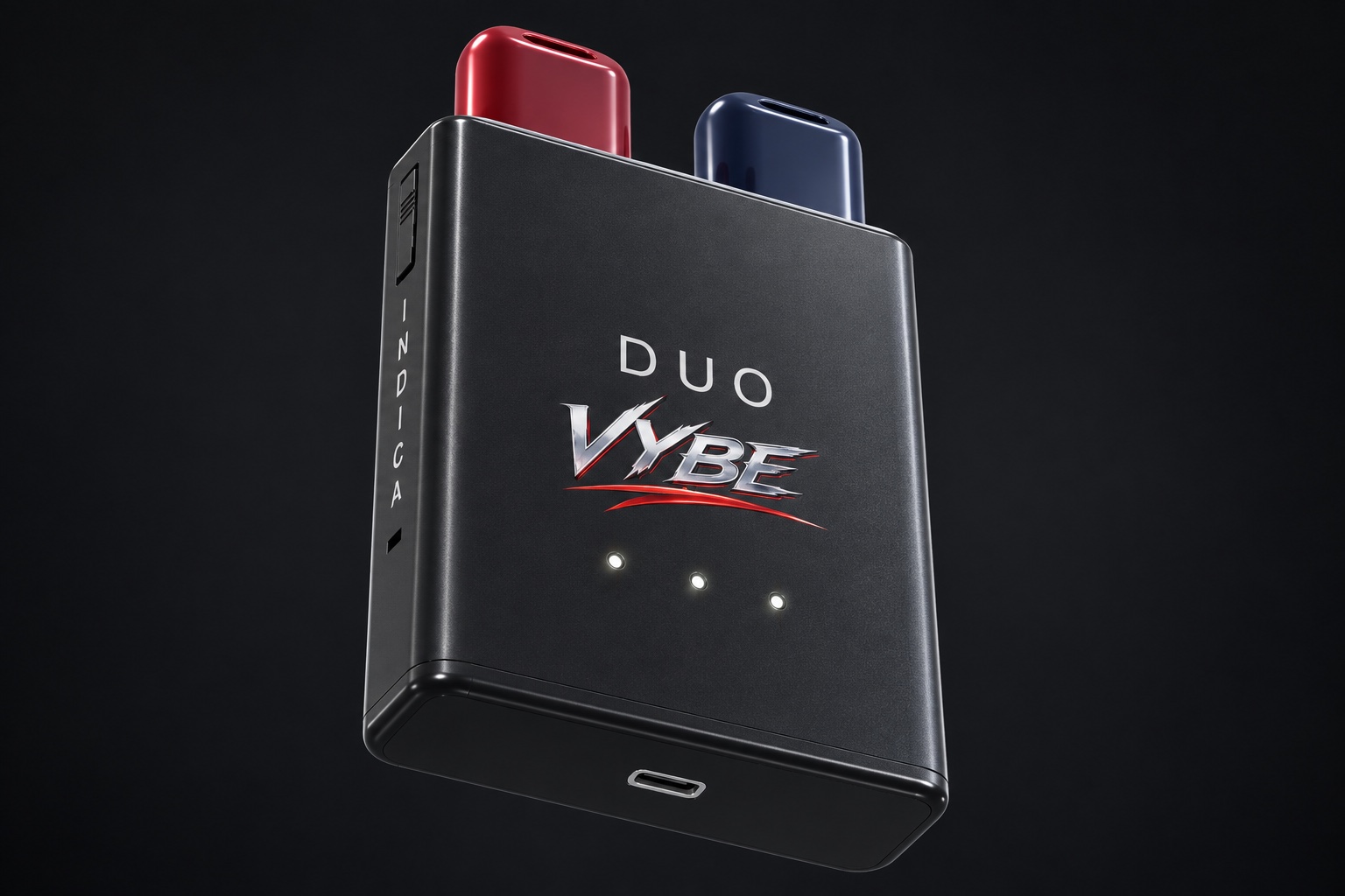 Low-angle view of DUO VYBE showing the indicators and USB-C charging port.